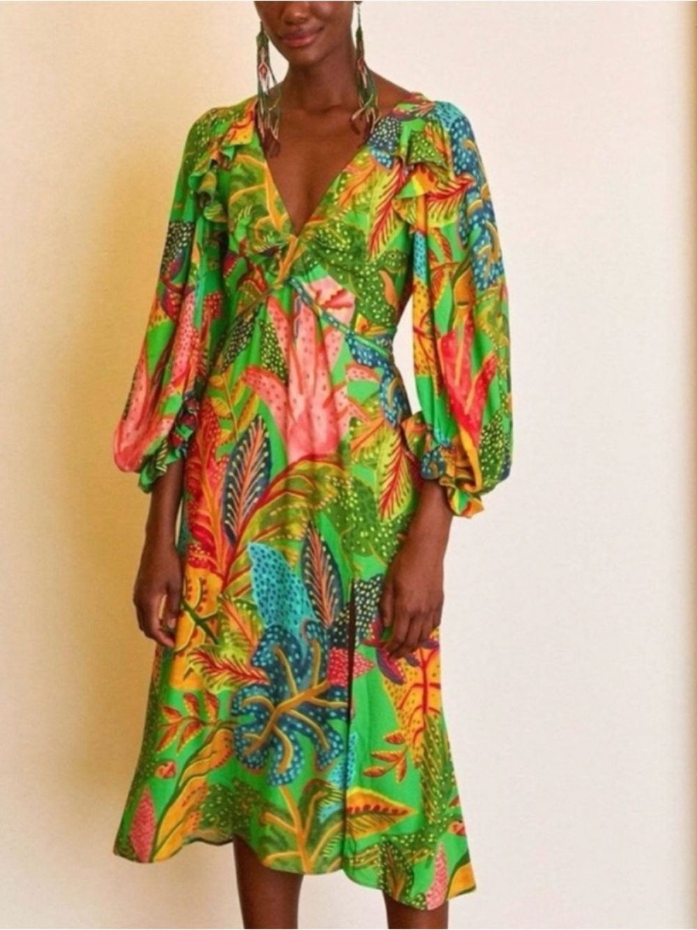 FARM Rio Green Multicolor Tropical Print Midi Dress
